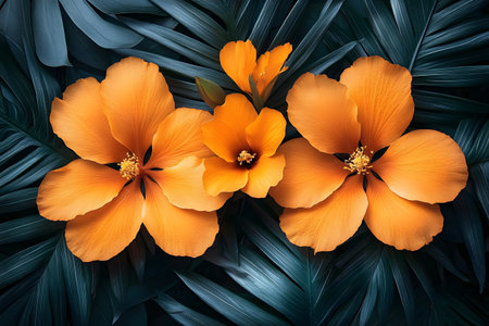Bright orange hibiscus flowers sit elegantly atop a backdrop of dark green tropical leaves. this striking composition contrast and harmony of colors found in nature's rich palette. Generative AIの素材