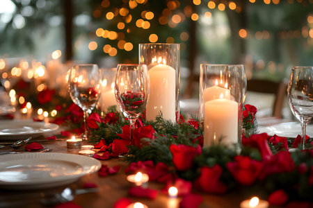 A beautifully set dinner table, adorned with red roses, greenery, and glowing candles, creating a warm and inviting atmosphere ideal for festive celebrations or romantic gatherings. the bokeh lights in the background enhance the cozy and elegant feel. Generative AIの素材
