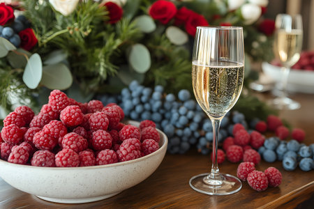 Bountiful display featuring raspberries, blueberries, and grapes alongside a glass of sparkling wine. floral arrangements with roses and greenery create a festive and luxurious atmosphere, ideal for holiday or special event themes. Generative AIの素材