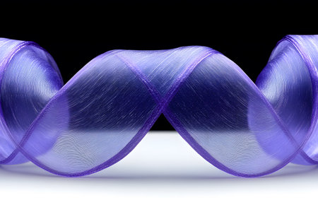 A close-up of a shimmering purple ribbon with intricate textures and curves, set against a black background. ideal for craft inspiration, decoration ideas, fashion designs, and artistic presentations. Generative AIの素材