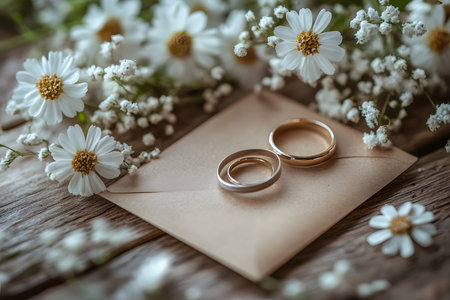 Wedding rings elegantly placed on an envelope surrounded by delicate white daisies and baby's breath flowers. ideal for romantic themes, wedding invitations, or engagement announcements, capturing love and elegance. Generative AIの素材