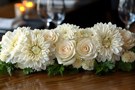 Elegant display featuring white roses and chrysanthemums arranged in a lush floral centerpiece. perfect for weddings, formal events, or sophisticated interior decor. soft lighting enhances the serene and classic ambiance. Generative AIの素材