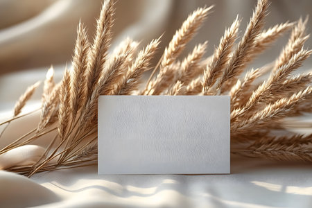 A blank white card elegantly placed among wheat stalks on a softly lit background, ideal for natural-themed designs, invitations, or rustic d cor. the image conveys simplicity and organic beauty, perfect for eco-friendly branding. Generative AIの素材