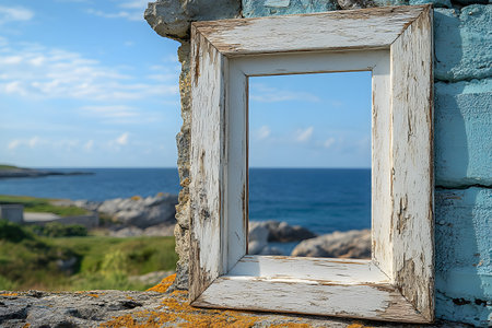 A weathered wooden frame set against a stone wall perfectly frames a breathtaking coastal landscape. the vibrant blue sea and sky contrast with the rustic elements, ideal for artistic and decorative purposes. Generative AIの素材