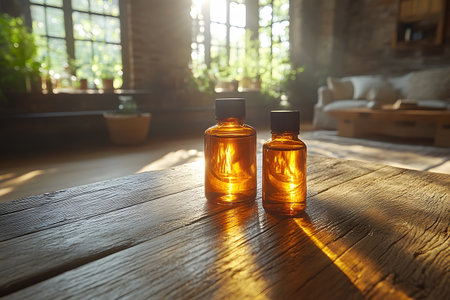 Warm sunlight filters through a rustic living room with lush greenery, two amber glass aromatherapy bottles on a wooden table. the inviting atmosphere emphasizes natural wellness and tranquility. Generative AIの素材