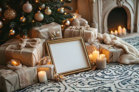 Cozy, festive scene featuring a beautifully decorated christmas tree with gold ornaments, wrapped gifts, and a blank picture frame. warm candlelight and soft textures create a tranquil holiday atmosphere. Generative AIの素材