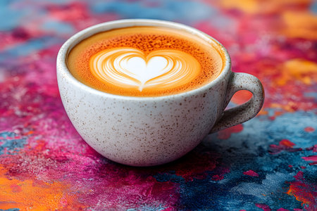 A close-up of a speckled ceramic mug filled with creamy latte art featuring a heart shape, set against a dynamic and colorful abstract background. perfect for coffee lovers and modern art enthusiasts. Generative AIの素材