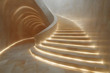 Experience the elegance of a futuristic spiral staircase bathed in soft, ambient lighting. the smooth curves and warm tones create an inviting atmosphere, perfect for modern design inspiration and architectural exploration. Generative AIの素材