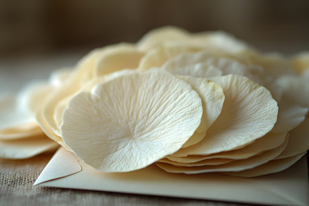Beige flower petals elegantly cover an envelope, creating a serene and romantic atmosphere. perfect for nature-inspired designs, weddings, or greeting cards, showcasing simplicity and elegance. Generative AIの素材