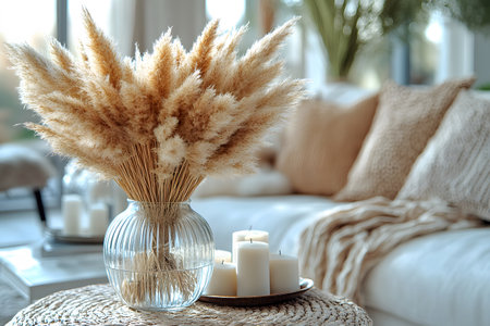A stylish living room features a clear glass vase filled with fluffy dried pampas grass, surrounded by a serene setup with white candles on a woven table. soft pillows and throws enhance the cozy, bohemian ambiance. Generative AIの素材