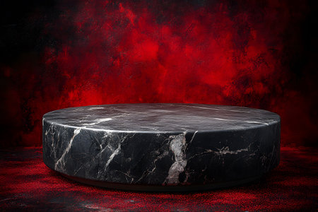A sophisticated black marble pedestal set against a bold, textured red background, perfect for showcasing luxury products or creative designs. ideal for use in advertising, promotional materials, or artistic displays. Generative AIの素材