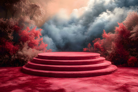 Surreal scene featuring a circular red podium set in a mystical forest. red foliage contrasts with dramatic clouds, blending fantasy and serenity. ideal for conceptual art, fantasy designs, and creative projects. Generative AIの素材