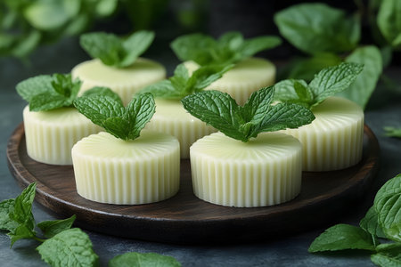 Decorative round soap bars infused with mint leaves are artfully arranged on a wooden tray, creating a soothing spa-inspired aesthetic. perfect for natural skincare themes and wellness-themed projects. Generative AIの素材