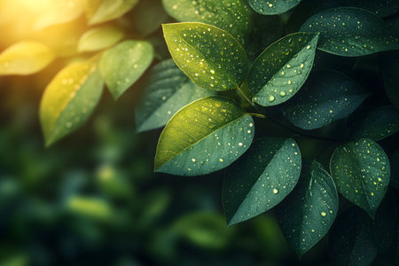 Dew-kissed green leaves illuminated by soft sunlight create a tranquil nature scene. ideal for themes of serenity, growth, and environmental wellness, capturing the essence of lush greenery and freshness. Generative AIの素材