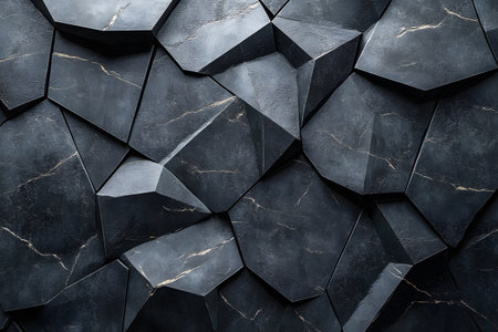 Geometric pattern featuring dark, angular stone tiles with subtle golden veins. the composition highlights texture, depth, and contrast, making it ideal for modern interior design, backgrounds, or architectural inspiration. Generative AIの素材