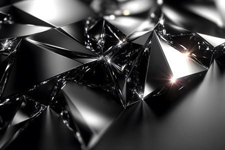 Abstract geometric design featuring interconnected silver crystals with a reflective surface. the intricate facets create a dynamic pattern, ideal for backgrounds in digital or print media modern style. Generative AIの素材