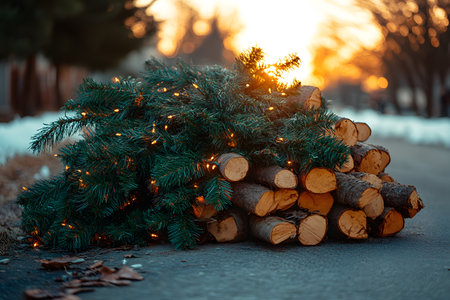 Winter scene featuring a discarded christmas tree adorned with lights, surrounded by stacked firewood on a snowy roadside. the warm glow of a sunset casts a serene and nostalgic atmosphere. Generative AIの素材