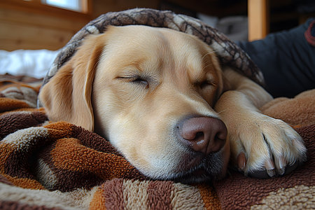 A serene scene of a dog peacefully sleeping under a patterned blanket, themes of comfort, relaxation, and warmth. ideal for themes of coziness, pet care, and tranquility. Generative AIの素材