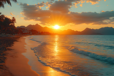 The sun sets over a tranquil beach, casting a golden reflection on the ocean waves. silhouettes of distant mountains frame the horizon, while palm trees dot the shoreline, creating a peaceful and picturesque scene. Generative AIの素材