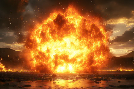 A massive fireball explosion engulfs an urban landscape, contrasting against a dramatic sunset sky. intense fire and smoke dominate the scene, illustrating the power and destruction, with glowing embers dispersing through the air. Generative AIの素材