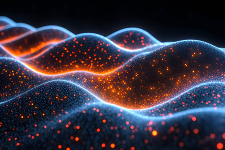 Vibrant abstract digital waves with illuminated particles in orange and blue create a futuristic and technological aesthetic. ideal for tech-inspired designs, presentations, or modern art themes emphasizing innovation and energy. Generative AIの素材