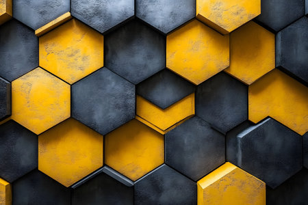 A dynamic abstract pattern featuring interlocking hexagons in shades of yellow and gray. the textured surface creates a modern, industrial feel, ideal for interior design elements and architectural inspiration. Generative AIの素材
