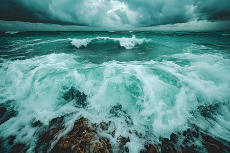 Dynamic scene of turbulent ocean waves crashing against a rocky shore, set against a dramatic cloudy sky. the powerful movement of the water and the moody atmosphere evoke a sense of nature's raw energy. Generative AIの素材