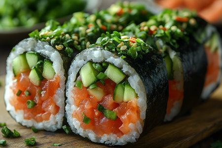 Delicious sushi rolls featuring fresh salmon, crunchy cucumber, and a topping of chopped green onions and sesame seeds. perfect for showcasing asian cuisine, catering menus, and healthy dining options. Generative AIの素材