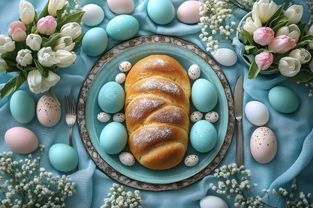 Vibrant easter brunch table setting featuring a braided loaf surrounded by pastel-colored eggs. soft pink tulips and delicate white flowers add to the springtime ambiance, creating a sense of celebration. Generative AIの素材