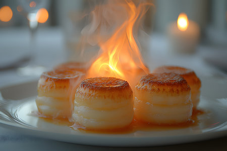 Flamb ed scallops elegantly served on a white plate, with warm candlelight in the background creating a luxurious and intimate dining atmosphere. perfect for gourmet cuisine presentations and culinary arts showcases. Generative AIの素材