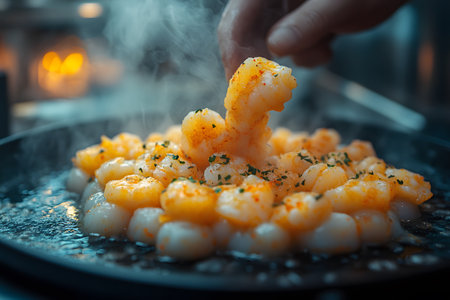 Fresh shrimp sizzle on a hot pan in a gourmet kitchen. a hand delicately places a shrimp atop the arrangement, showcasing a burst of steam and vibrant spices, the craft of seafood preparation. Generative AIの素材