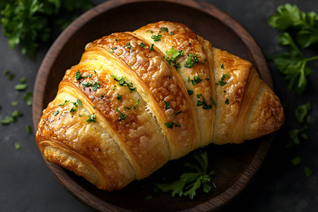 A golden, flaky croissant sits on a rustic wooden plate, garnished with fresh herbs. the warm, inviting texture highlights a perfect blend of crispiness and softness, ideal for a gourmet breakfast or culinary inspiration. Generative AIの素材