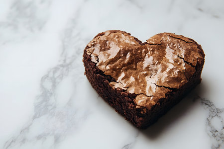 A heart-shaped brownie rests on a white marble surface, showcasing its rich chocolate texture and crackled top. this visual is ideal for valentine's themes, baking inspirations, and culinary promotions. Generative AIの素材