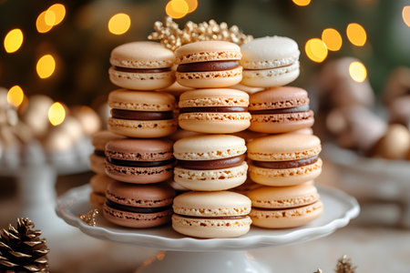 A luxurious arrangement of assorted macarons in pastel and chocolate hues, carefully stacked on a decorative cake stand. festive bokeh lights and pinecones in soft focus add a warm holiday ambiance. Generative AIの素材