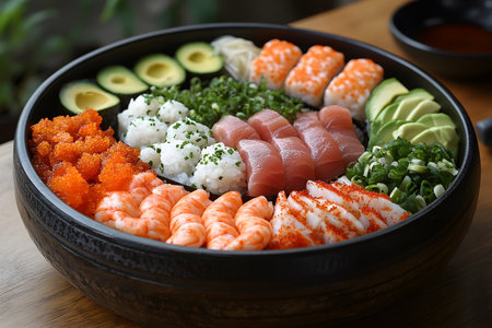 A vibrant sushi bowl features an array of fresh ingredients, including tuna, shrimp, avocado, and rice, artfully arranged in a circular wooden bowl. perfect for gourmet dining, culinary inspiration, or food photography. Generative AIの素材