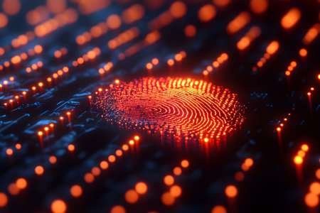Close-up of a glowing digital fingerprint on a futuristic circuit board, symbolizing advanced biometric technology, cybersecurity, and innovation in data protection. Generative AIの素材