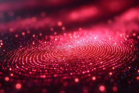 A glowing red digital fingerprint pattern on a dark background, representing modern technology and security concepts. the dynamic bokeh effect highlights innovation and privacy themes. Generative AIの素材