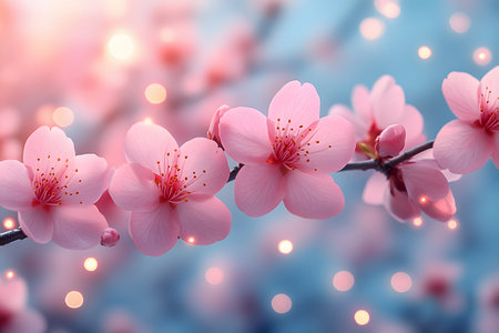 Pink cherry blossom flowers in full bloom on delicate branches, set against a dreamy blue background with soft bokeh lights, capturing the essence of spring's renewing beauty and serene nature. Generative AIの素材