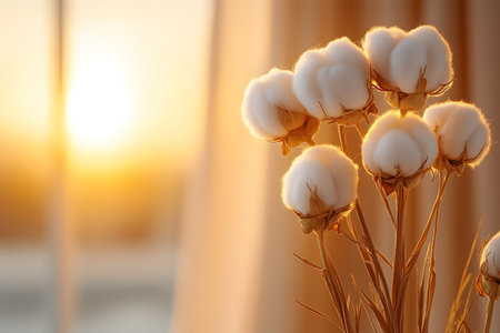 Cotton blooms bathed in a warm, golden sunset create a tranquil and serene scene. the soft lighting enhances the delicate texture of the cotton, providing a soothing and natural ambience ideal for home decor. Generative AIの素材