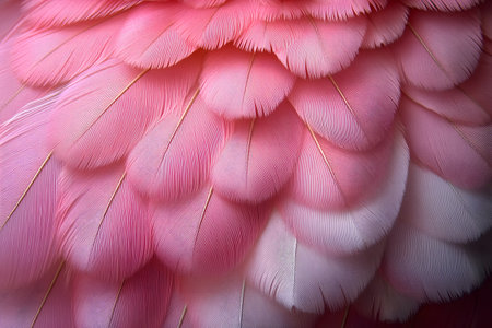 A detailed view of overlapping pink feathers showcasing their intricate patterns and textures. the soft, pastel hues bring a sense of elegance and intricacy, perfect for design or artistic inspiration. Generative AIの素材
