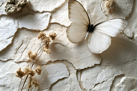 A delicate white butterfly rests gracefully on a textured stone surface, accompanied by dried flowers. the scene evokes a sense of tranquility and is ideal for nature-inspired interior design and minimalist art concepts. Generative AIの素材