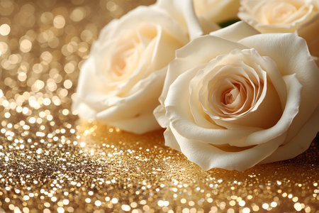 White roses rest atop a shimmering gold surface, creating a luxurious and elegant backdrop. is perfect for high-end events, weddings, or festive celebrations, emphasizing sophistication and beauty. Generative AIの素材