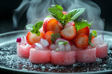 Fresh strawberry and mint salad artfully arranged with a cooling ice mist effect. vibrant colors and textures make this dish both visually appealing and refreshing, perfect for summer dining and healthy living concepts. Generative AIの素材
