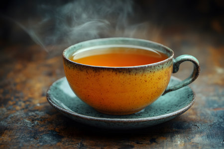 A rustic orange cup filled with steaming tea, set on a matching saucer against a warm, textured background. the inviting scene invokes a sense of cozy relaxation and peaceful moments. Generative AIの素材