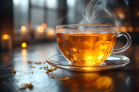 Steaming tea in a clear glass cup sits on a wooden table, surrounded by soft, ambient lights, creating a warm and inviting atmosphere. ideal for concepts of relaxation, warmth, and tranquility in a cozy setting. Generative AIの素材