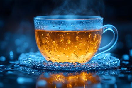 A glass cup filled with a steaming hot beverage, set against a vivid blue background. condensation forms droplets on the glass, enhancing the warmth and refreshment theme, ideal for relaxation or beverage promotions. Generative AIの素材