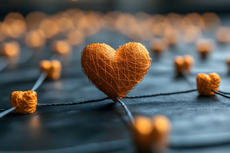 Orange heart-shaped yarn centerpiece symbolizing love and connection, surrounded by similar smaller hearts out of focus, set against a dark background. ideal for valentine's day themed designs and romantic concepts. Generative AIの素材
