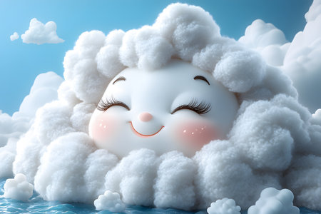 A cheerful, fluffy cloud with a smiling face floats against a serene blue sky. surrounded by smaller clouds, it conveys a sense of joy and whimsy, making it ideal for children's room decor or playful design projects. Generative AIの素材