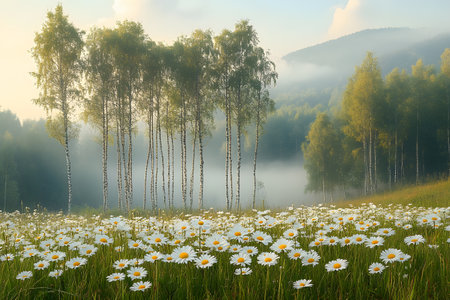 Misty morning light bathes a field of white daisies, framed by tall birch trees against a backdrop of hazy hills. the tranquil scene essence of summer s quiet charm, evoking a sense of peace and natural beauty. Generative AIの素材