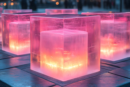 Illuminated ice sculptures with a pink hue create a mesmerizing outdoor art installation. the glow reflects beautifully on the surrounding surfaces, offering an enchanting evening display. Generative AIの素材